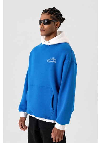 Yazı Detaylı Oversıze Kapüşonlu Sweatshırt Turkuaz