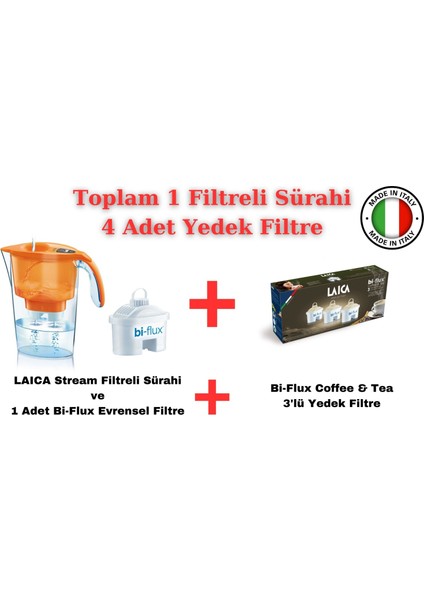 Stream ( Turuncu ) Filtreli Su Arıtmalı Filtre Sürahi 2.30 Lt + LAICA Bi-Flux Coffee & Tea 3'lü Yedek Filtre