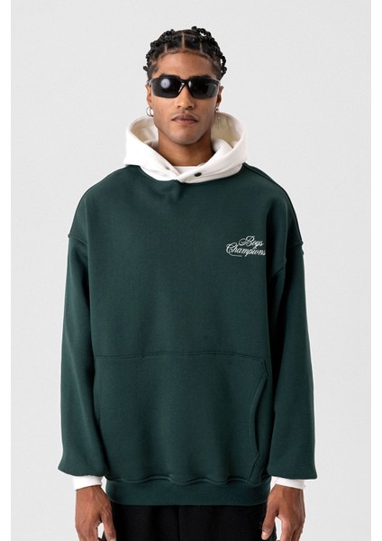 Yazı Detaylı Oversıze Kapüşonlu Sweatshırt Nefti