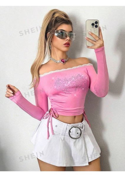 Ithal Pembe Yakası Dantel Taşlı Straplez Bluz