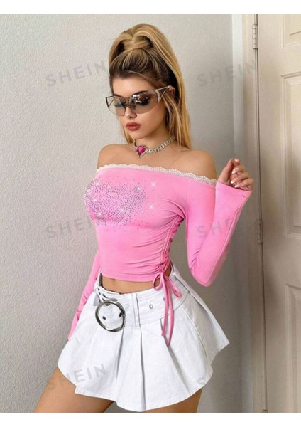 Ithal Pembe Yakası Dantel Taşlı Straplez Bluz