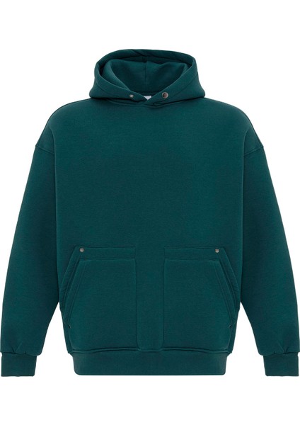 Cep Detaylı Kapüşonlu Oversıze Sweatshırt Petrol