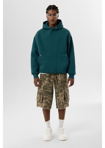 Cep Detaylı Kapüşonlu Oversıze Sweatshırt Petrol modelleri