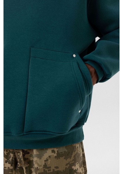 Cep Detaylı Kapüşonlu Oversıze Sweatshırt Petrol indirimleri