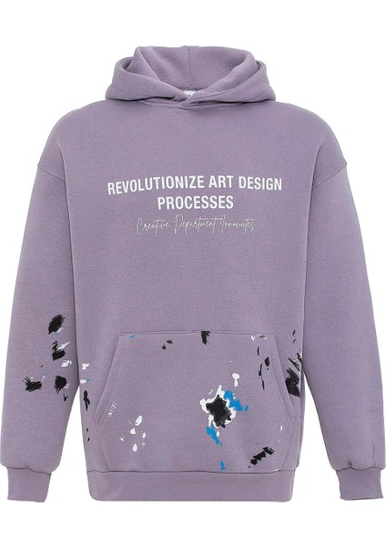 Renk Detaylı Oversıze Kapüşonlu Sweatshırt Lila