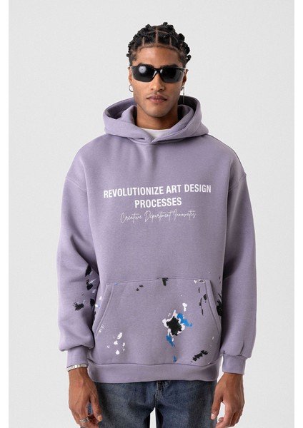 Renk Detaylı Oversıze Kapüşonlu Sweatshırt Lila