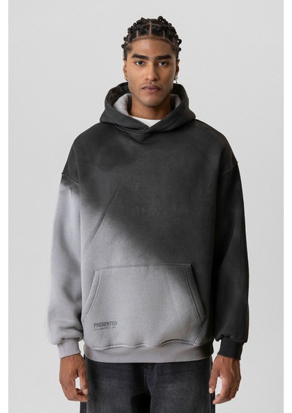 Renk Geçişli Oversıze Kapüşonlu Sweatshırt Gri
