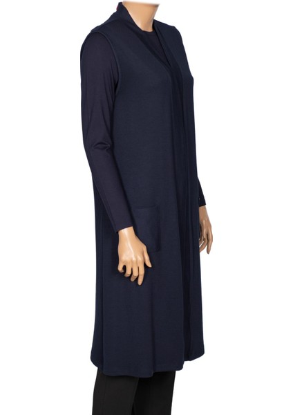 Hesna Kadın Deva Büyük Beden Cepli Dik Fitilli Soft Lacivert Yelek