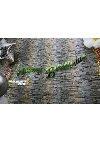 Yeşil Renkli Metalik Happy Birthday El Yazısı Banner