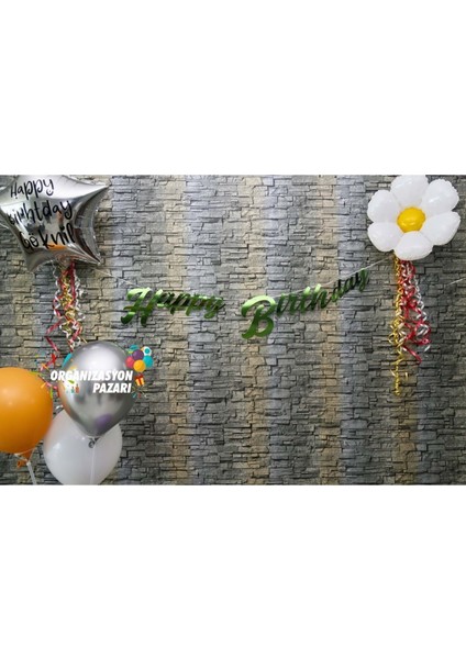 Yeşil Renkli Metalik Happy Birthday El Yazısı Banner fiyatları