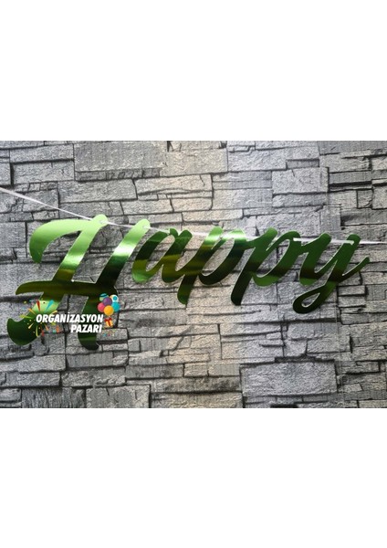 Yeşil Renkli Metalik Happy Birthday El Yazısı Banner modelleri