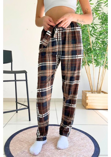 Dreamy Soft Kadife Dokulu Ekose Kareli Süet Pijama Altı Pantolon