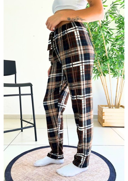 Dreamy Soft Kadife Dokulu Ekose Kareli Süet Pijama Altı Pantolon