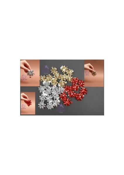 Gold + Gümüş Gri + Kırmızı Renk Karışık Paket / Metalize Yıldız Hediye Süsü / Paketleme Rafyası