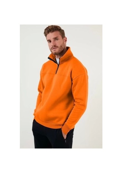 Oversize Yarım Farmuarlı Yakalı Basic Sweatshirt - Turuncu fiyatları