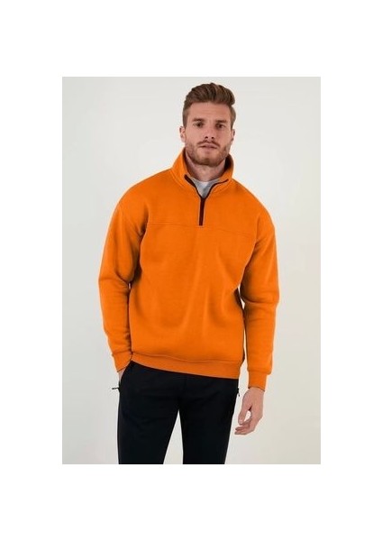 Oversize Yarım Farmuarlı Yakalı Basic Sweatshirt - Turuncu modelleri