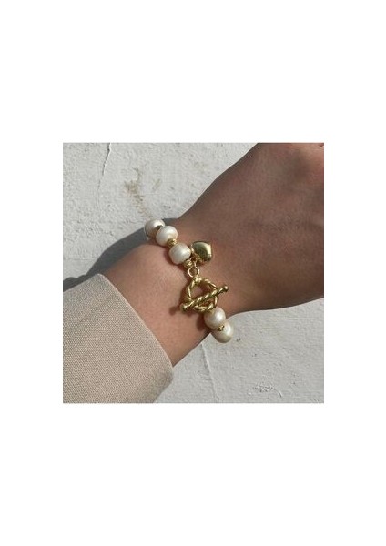 Hakiki Inci Kalp Charm Sallantılı El Işçiliği Gümüş Bileklik