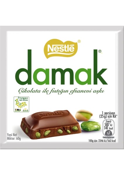 Damak Antep Fıstıklı Sütlü Kare Çikolata 60 gr