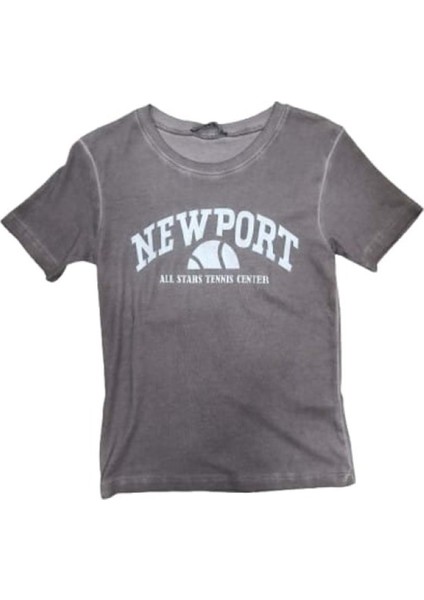 Kadın Newport Baskılı Yıkamalı Crop T-Shirt M-03436 - Açık Kahverengi - L