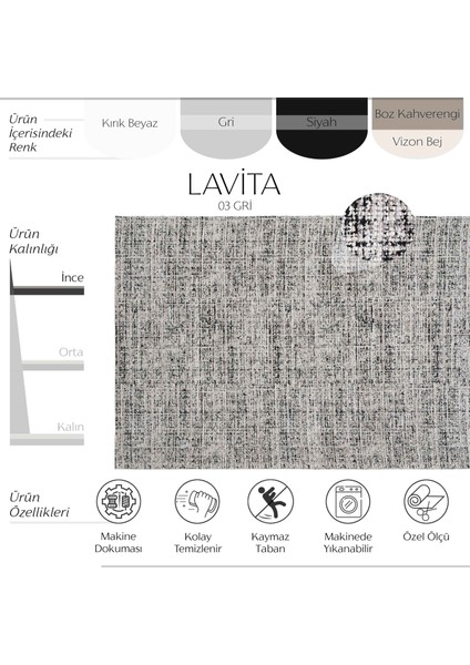 Lavita 03 Gri Yıkanabilir Mutfak Yumuşak Tuşeli Şönil Kaymaz Taban İnce Kilim