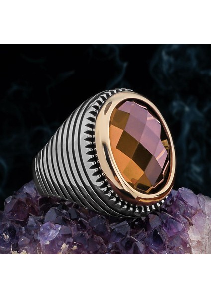 Zultanit Taşlı Çizgili 925 Ayar Gümüş Erkek Yüzük