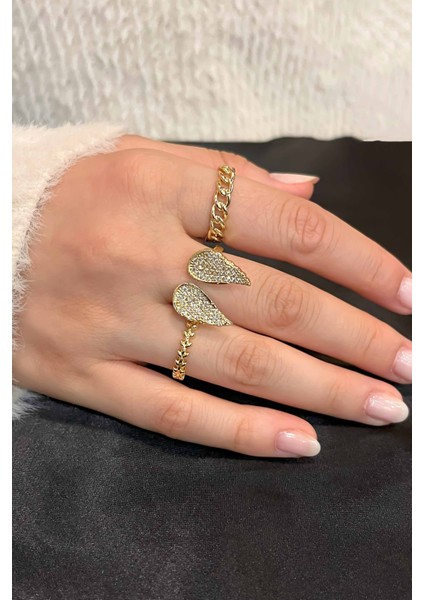 Zirkon Taşlı Gold Zarif Ayarlanabilir Melek Kanadı, Zincir, Yaprak Taç 3'lü Kadın Yüzük Seti fiyatları