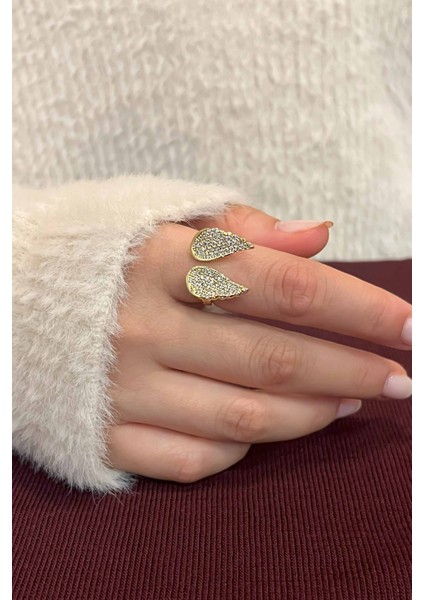 Zirkon Taşlı Gold Zarif Ayarlanabilir Melek Kanadı, Zincir, Yaprak Taç 3'lü Kadın Yüzük Seti modelleri