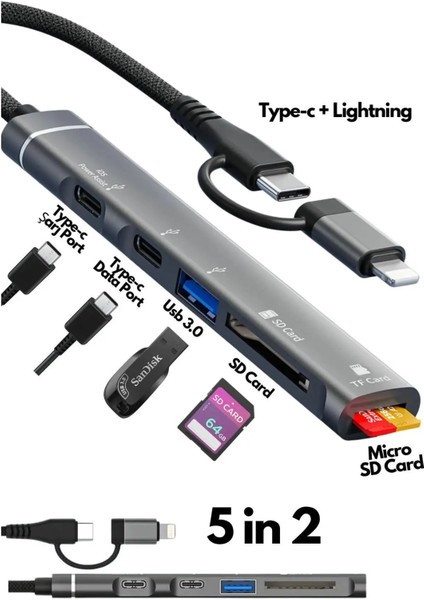Fxn-Lc5 Ios USB C USB 3.0 Hub Tf USB Kart Okuyucu Type C USB Çevirici Adaptör