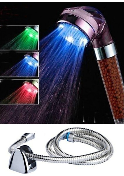 Renk Değiştiren Led Işıklı Duş Başlığı Seti- Hortum Askı Seti (Pilsiz- Elektriksiz) (3791)