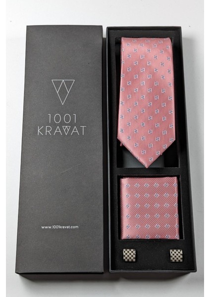 Klasik Desenli Mendilli Kravat ve Metal Kol Düğmeli Erkek Hediye Seti