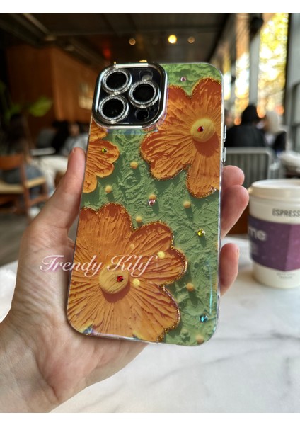 iPhone (14 Pro) Uyumlu 3 Boyutlu Turuncu Çiçekli Kılıf