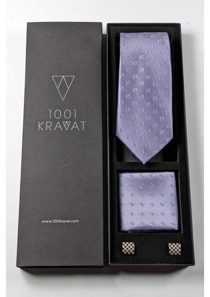 Klasik Desenli Mendilli Kravat ve Metal Kol Düğmeli Erkek Hediye Seti