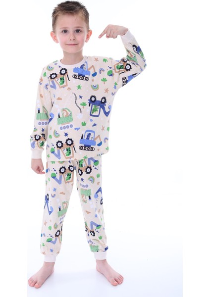 Erkek Çocuk Pamuk Eğlenceli Iş Makineleri Desenli Pijama Takımı