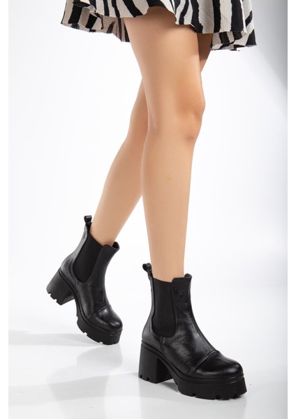 Topuklu Bot Kadın Platform Siyah Parçalı Elastik Kalın Taban fiyatları