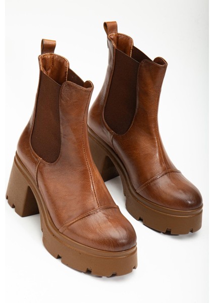 Topuklu Bot Kadın Platform Taba Parçalı Elastik Kalın Taban