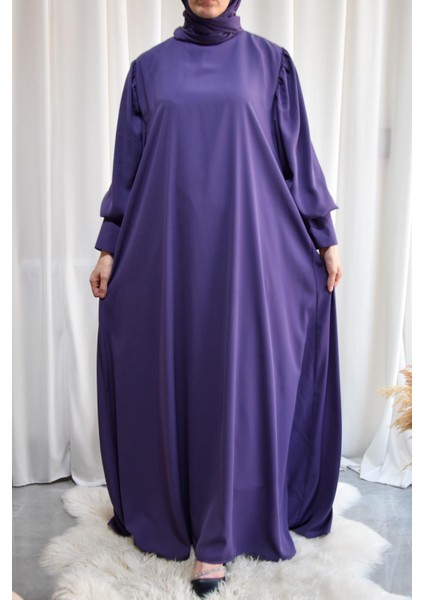 Model Mihriban Medine Ipeği Kol Detaylı Tesettür Elbise (Şal Dahil) - Mor - MİHRİBAN01034