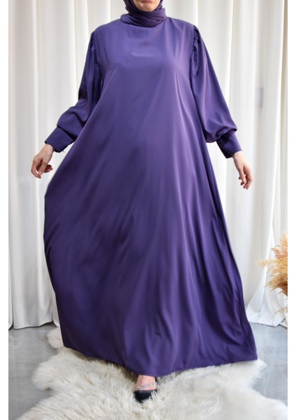 Model Mihriban Medine Ipeği Kol Detaylı Tesettür Elbise (Şal Dahil) - Mor - MİHRİBAN01034