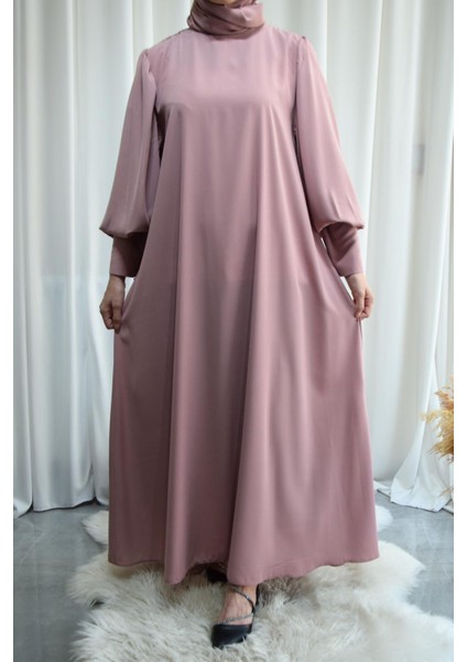 Model Mihriban Medine Ipeği Kol Detaylı Tesettür Elbise (Şalsız) - Pembe - MİHRİBAN01027