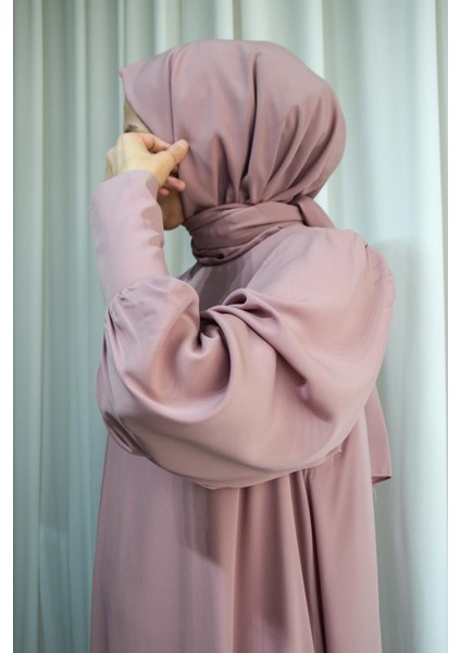 Model Mihriban Medine Ipeği Kol Detaylı Tesettür Elbise (Şalsız) - Pembe - MİHRİBAN01027