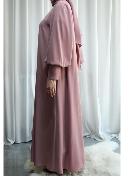 Model Mihriban Medine Ipeği Kol Detaylı Tesettür Elbise (Şalsız) - Pembe - MİHRİBAN01027