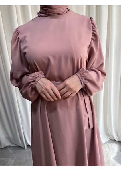 Model Mihriban Medine Ipeği Kol Detaylı Tesettür Elbise (Şalsız) - Pembe - MİHRİBAN01027