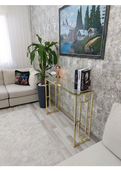 Alin Home Decoration - Metal Dekoratif Dresuar, Konsol Masası Gold Renk - Şeffaf Temperli Camlı