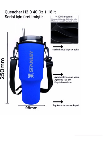 Quencher Pipetli 1.18 Lt Termos Uyumlu Askılı Neopren Koruma Termos Kılıfı ve Omuz Askısı MAVİ