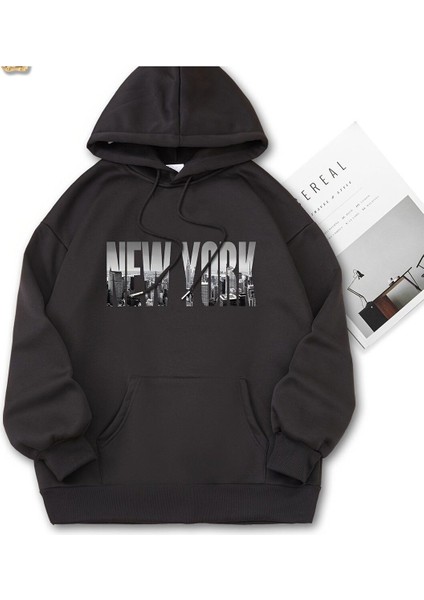 Unısex Siyah New York Baskılı Kapşonlu Sweatshırt