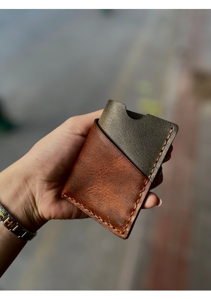 Unisex Kahverengi Hakiki Deri Kartlık El Yapımı Gerçek Deri Kartlık Para Bölmeli Küçük Boy Avuçiçi Kartlık Cüzdan