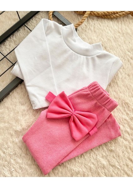 Bebek Çocuk Alt Üst Kreş Takım Fitilli Ribana Tayt Bluz Bandana Seti