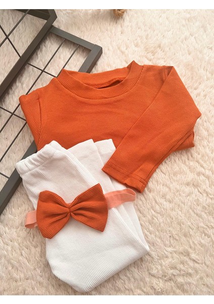 Bebek Çocuk Alt Üst Kreş Takım Fitilli Ribana Tayt Bluz Bandana Seti