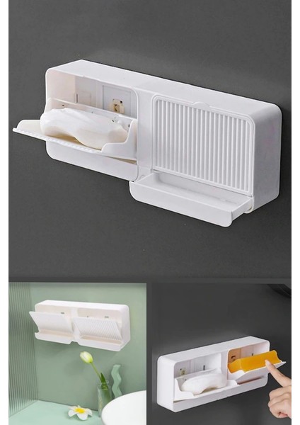 2 Bölmeli Katı Sabunluk Duvara Monte Mutfak Banyo Beyaz Renk Güçlü Yapışkanlı Sabun Organizeri