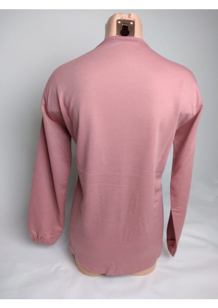 Kadın Pudra Bisiklet Yaka Düğmeli Yırtmaçlı Uzun Kollu Bilek Lastikli Iki Iplik Bluz Tişört