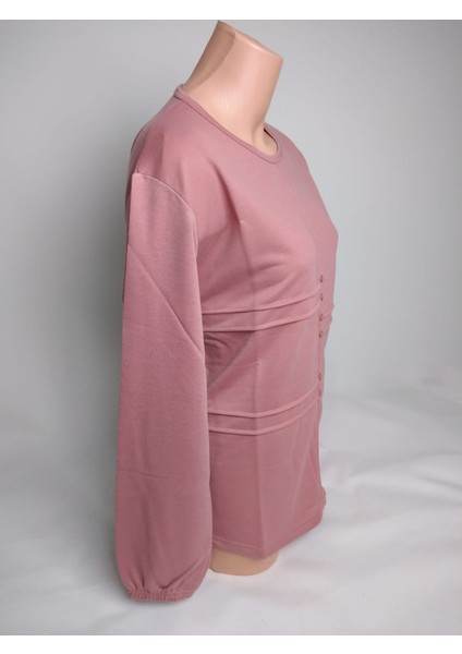 Kadın Pudra Bisiklet Yaka Düğmeli Yırtmaçlı Uzun Kollu Bilek Lastikli Iki Iplik Bluz Tişört fiyatları